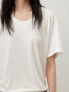 Random Piece Linen Blend U Neck T Shirt in Brown - On Female Model