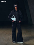 SMFK Garment Dyed Cargo Parachute Pants in Black - On Female Model