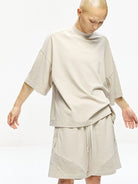 D5ove Boxy Mock Neck Cotton T Shirt in Beige - On Model