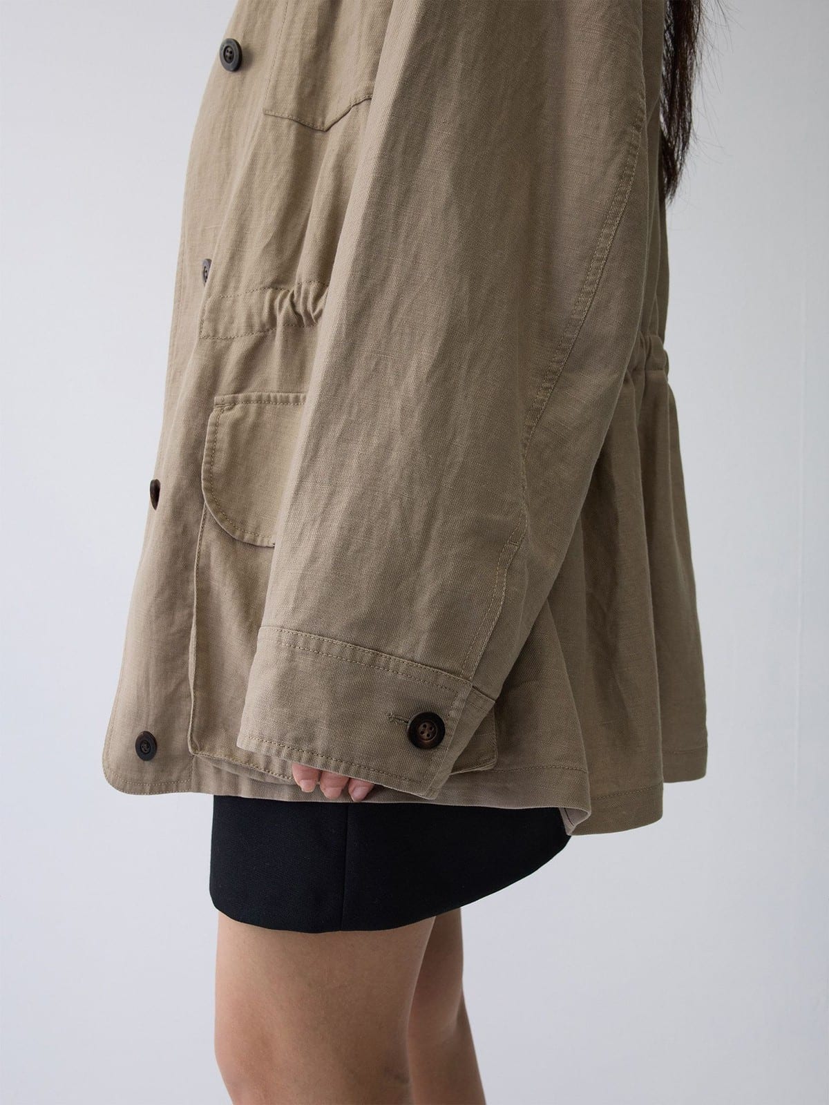 Random Piece Linen Blend Multi Pocket Cargo Jacket in Beige - On Female Model