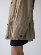 Random Piece Linen Blend Multi Pocket Cargo Jacket in Beige - On Female Model