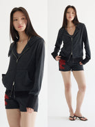 THELIGHT OFFICIAL Striped Zip Up Hoodie in Gray - On Female Model