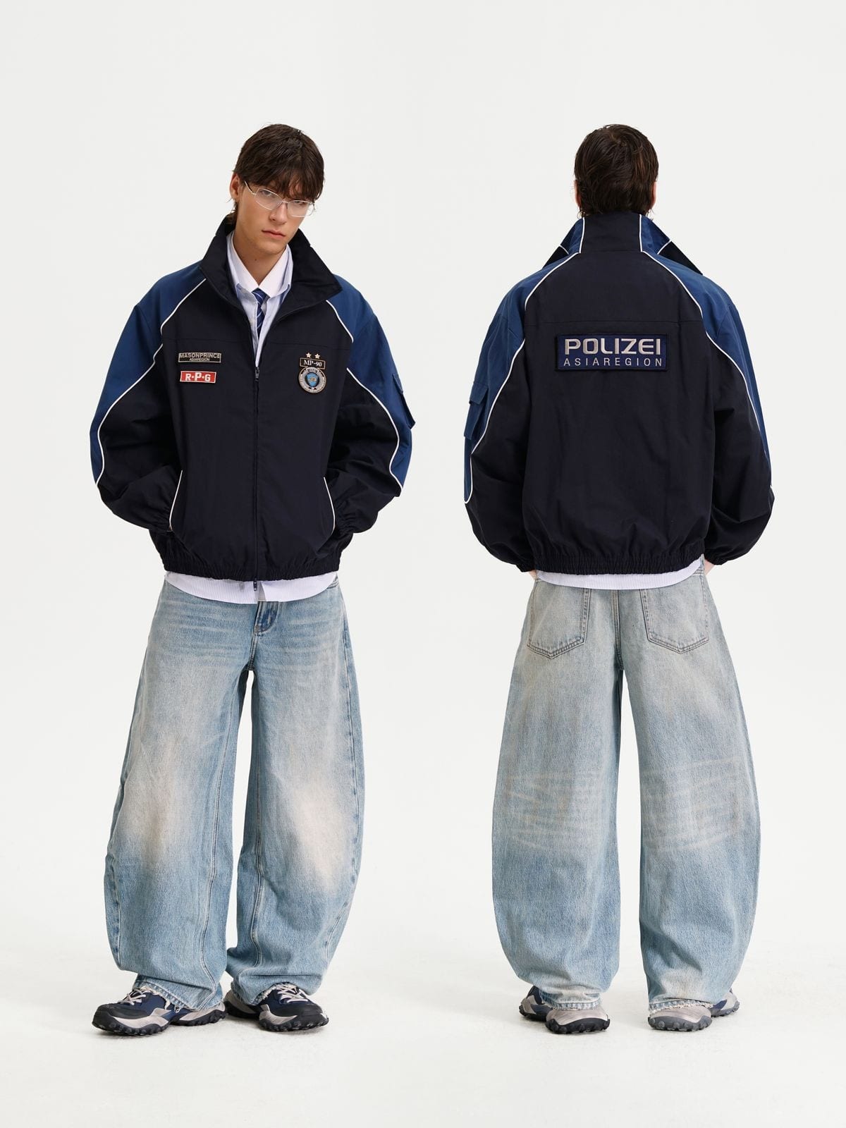 MASONPRINCE Color Block Badge Track Jacket in Blue - On Male Model