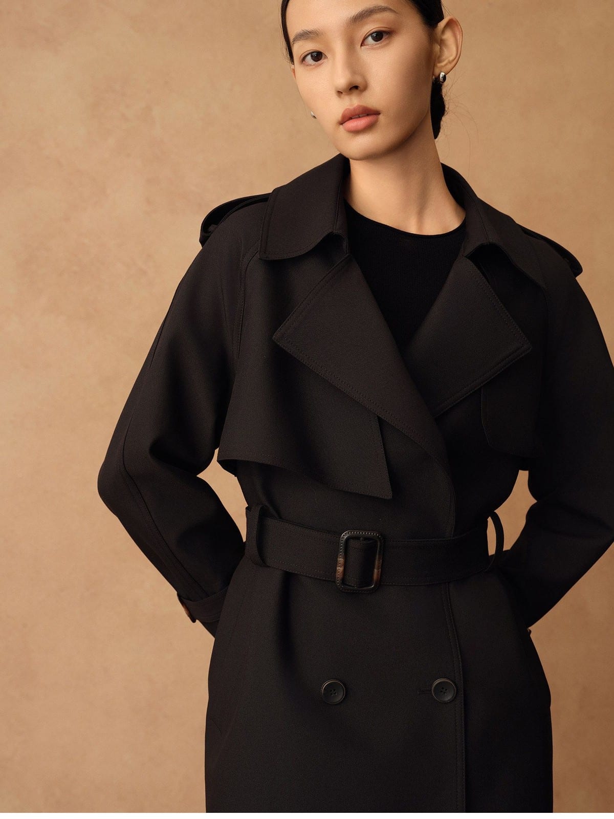 TEASEL Double Breasted Belted Trench Coat in Black - On Female Model