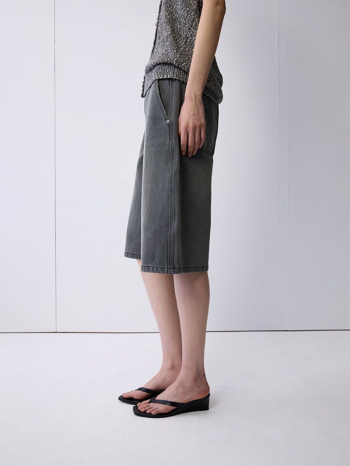 Random Piece Vintage Wash A Line Denim Shorts in Gray - On Female Model