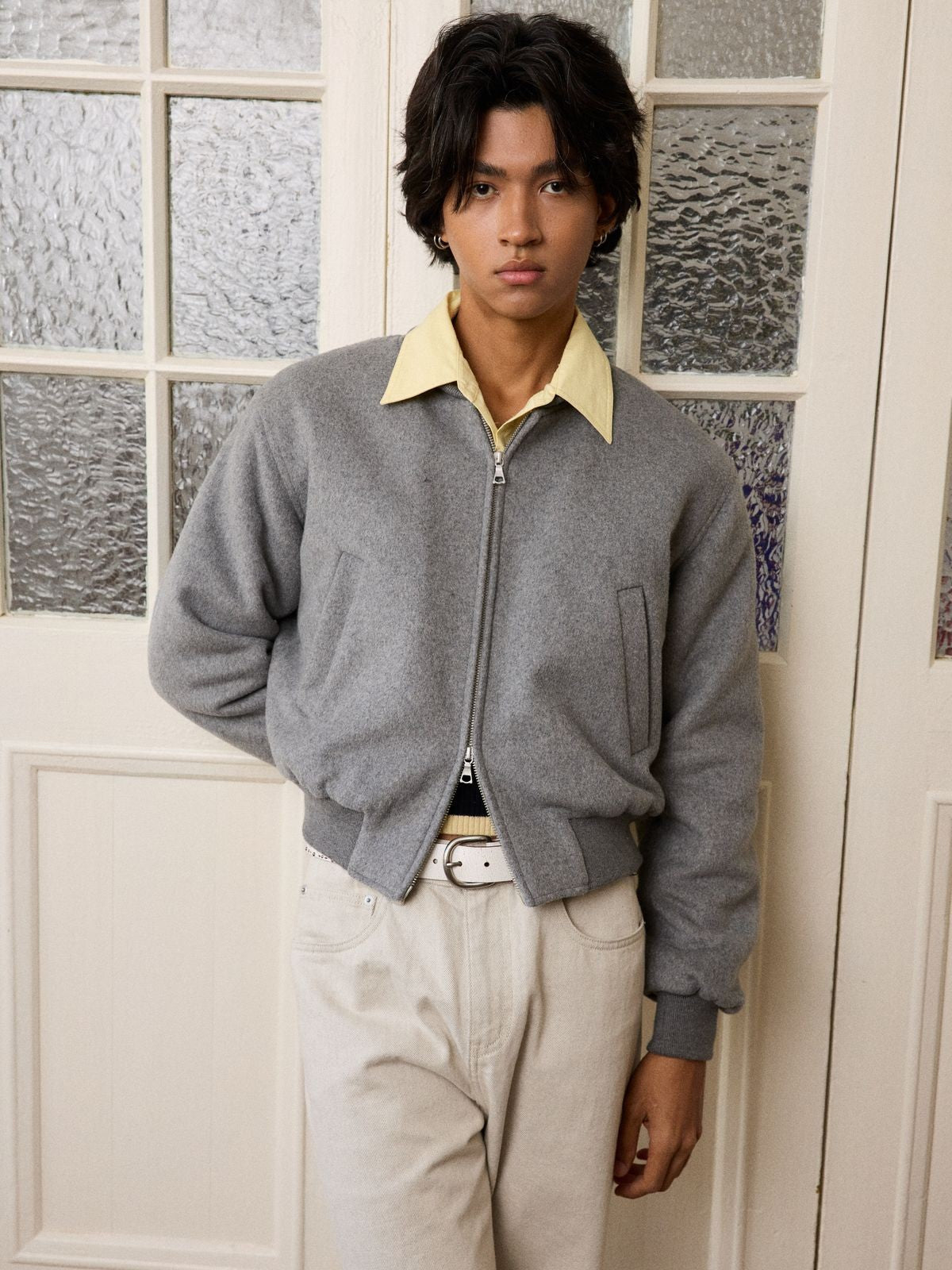 Retro 21 3M Thinsulate Wool MA 1 Jacket in Gray - On Male Model