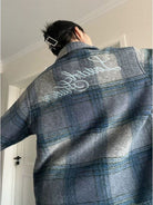 LOSTCTRL Embroidered Brushed Plaid Jacket in Blue - On Model