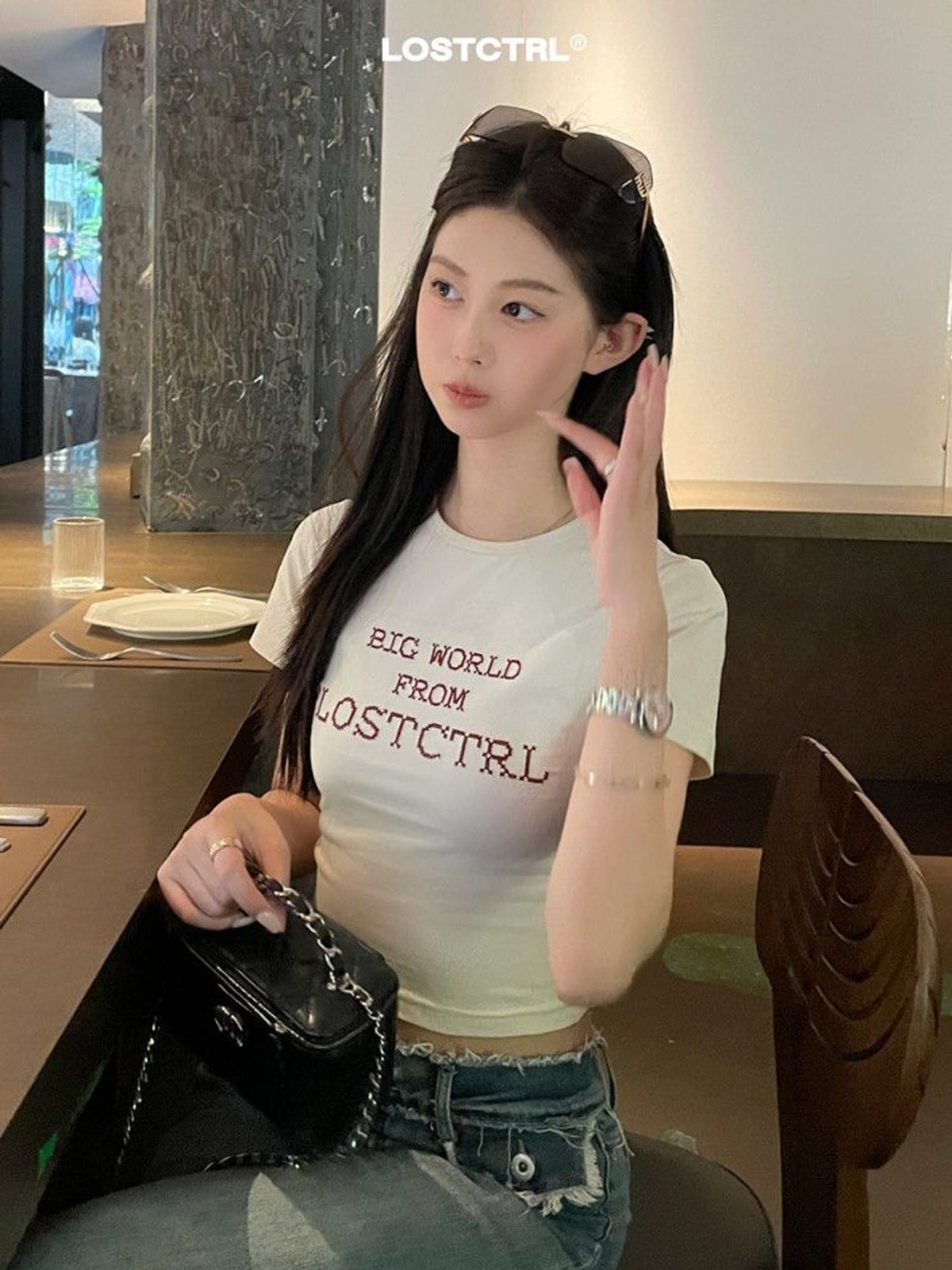 LOSTCTRL Heavyweight Embroidered Cropped T Shirt in Cream - On Female Model