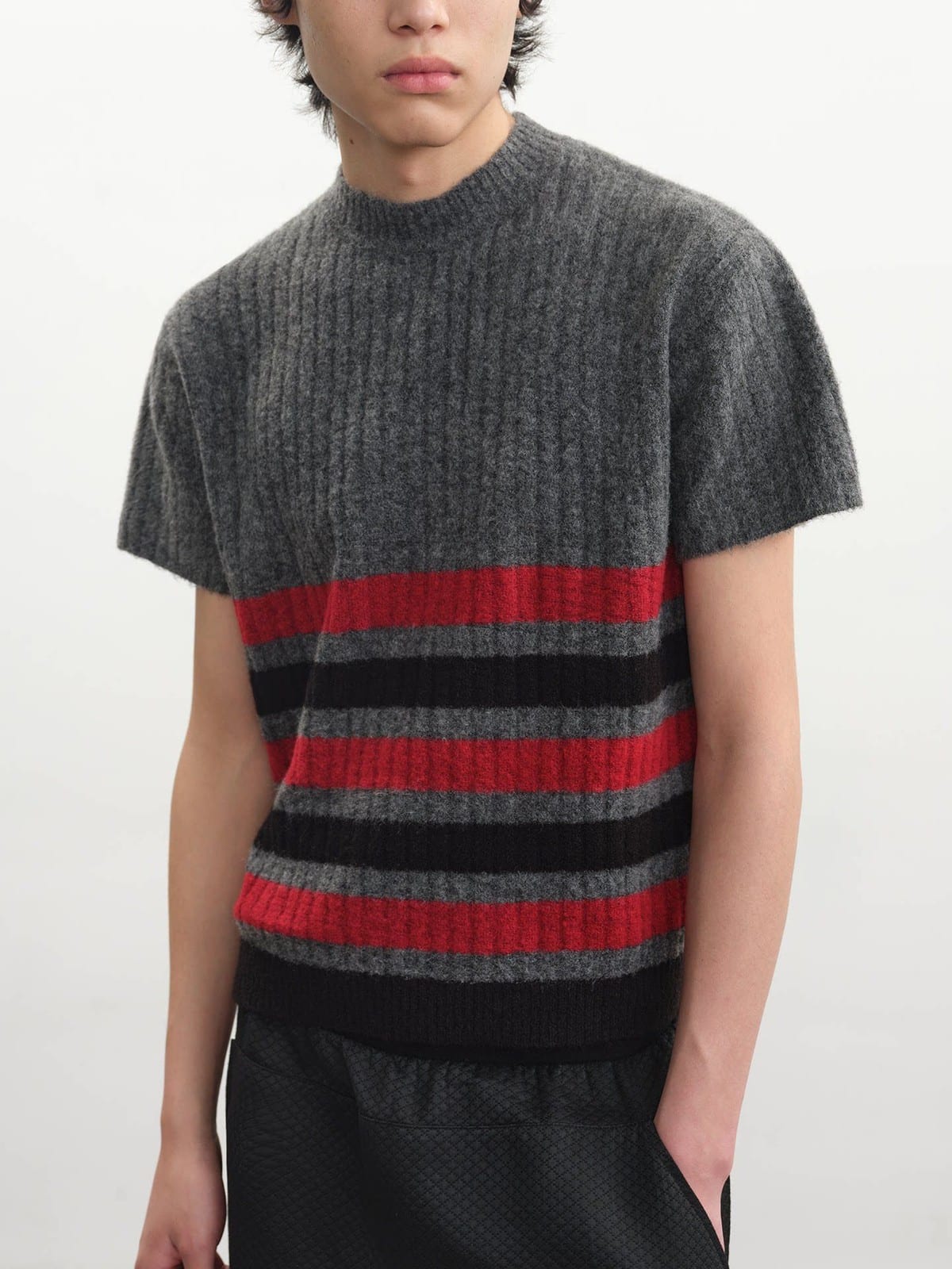 JCAESAR STUDIO Block Striped Brushed Knit T Shirt in Gray - On Male Model