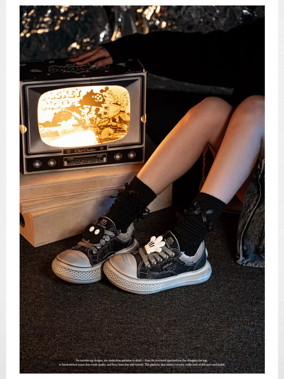 OLDORDER Mickey Mouse Chunky Platform Sneakers in Black - On Female Model