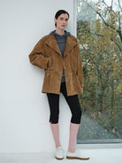 MSBEAST Drawstring Sheep Leather Jacket in Beige - On Female Model