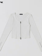 SMFK Ribbed Zip Up Cropped Cardigan in White