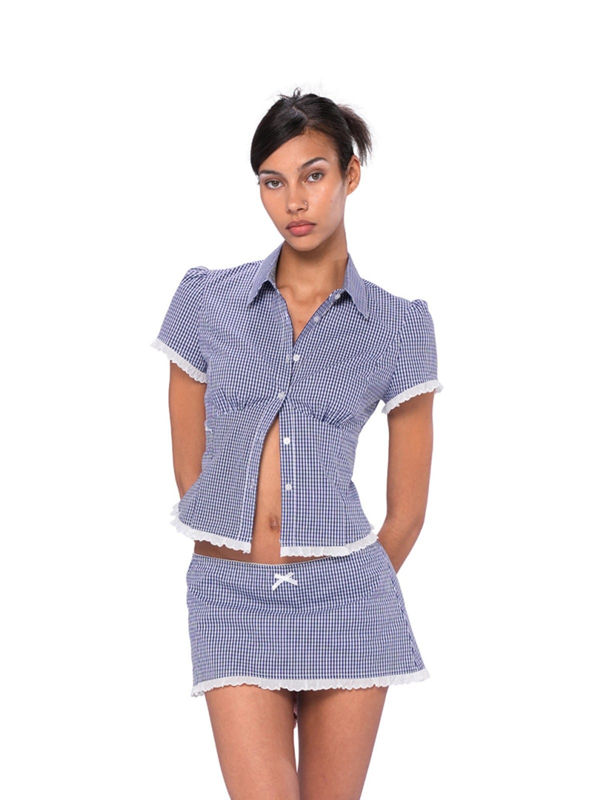 SweetChilling Gingham Mini Skirt with Built In Shorts in Navy Blue - On Female Model