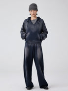 SIMPLE PROJECT Distressed Wide Neck Cropped Hoodie in Navy - On Male Model