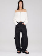 RARELY ALIKE Off Shoulder Zip Up Sweatshirt in White - On Female Model