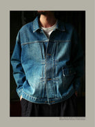USAGE Type I Selvedge Denim Cropped Jacket in Denim - On Male Model