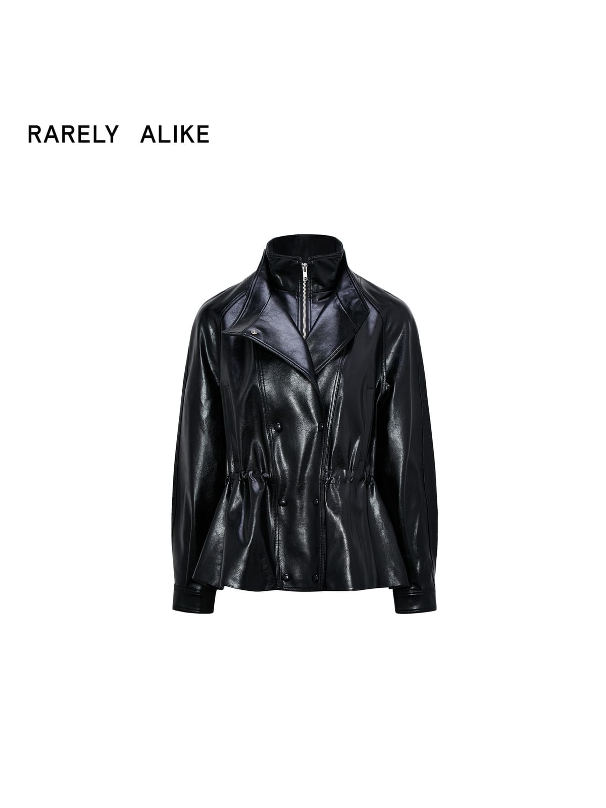 RARELY ALIKE Layered Drawstring Stand Collar Jacket in Black