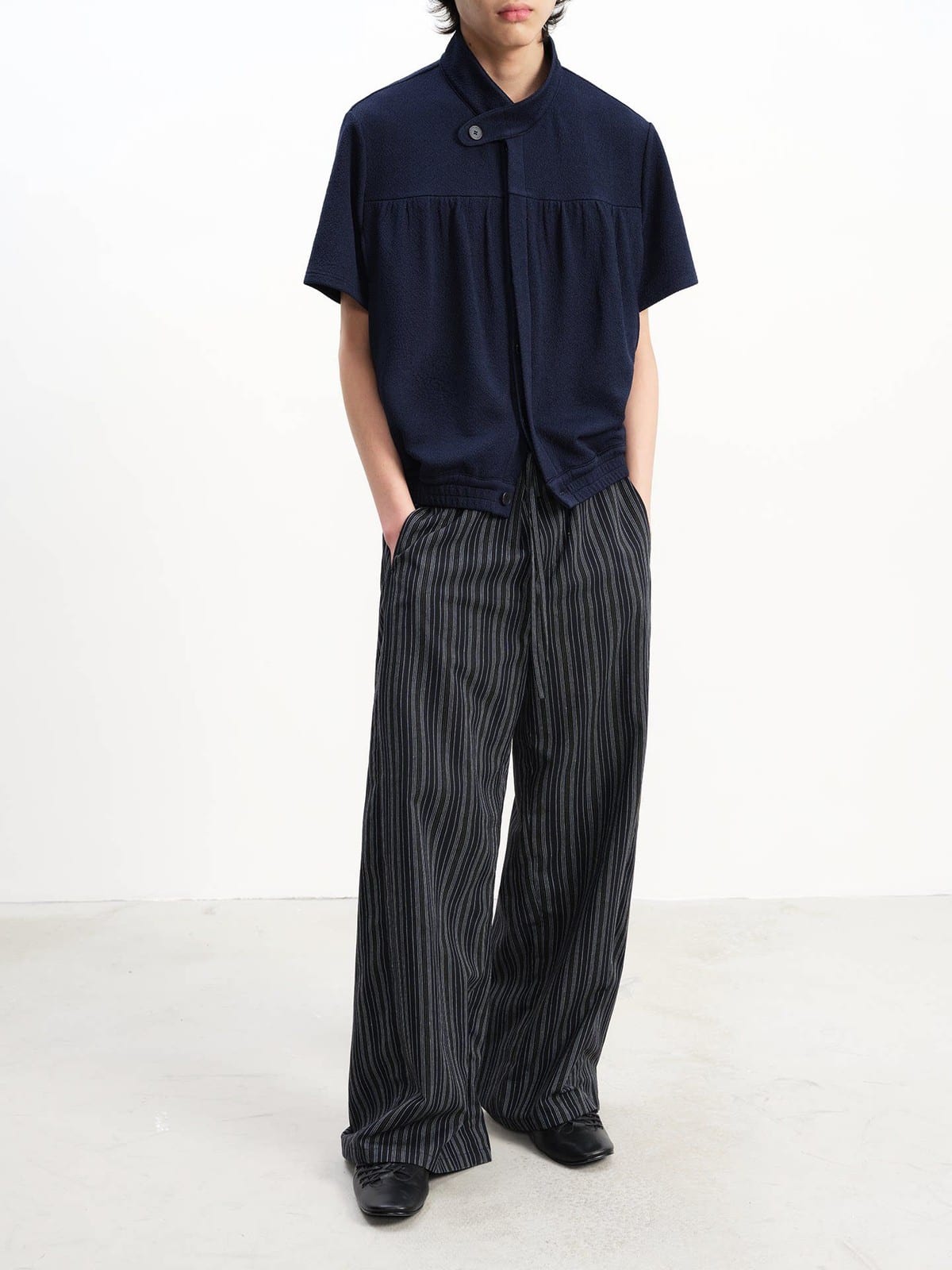 JCAESAR STUDIO Ruched Jacquard Stand Collar Shirt in Navy - On Male Model