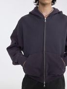 AFterTaste Washed Distressed Zip Up Hoodie in Gray - On Male Model
