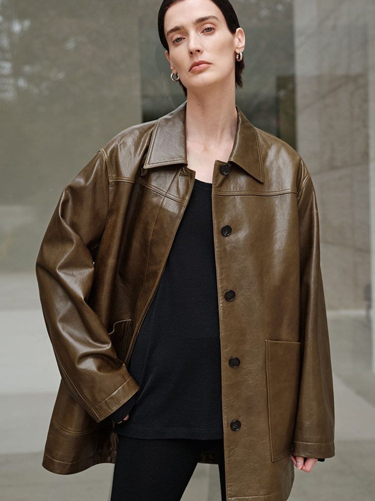 MSBEAST Mid Length Sheepskin Leather Jacket in Olive - On Female Model