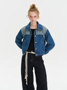 Amee Raw Edge Contrast Denim Jacket in Denim - On Female Model