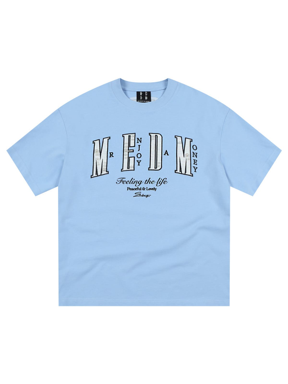 MEDM Pearl Embellished Letter Cotton T Shirt in Sky Blue