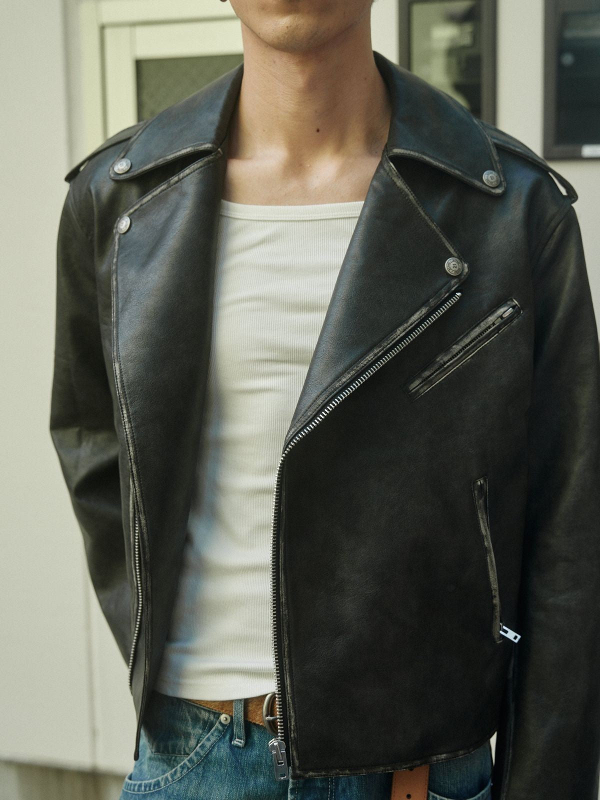 Retro 21 Distressed Faux Leather Biker Jacket in Black - On Male Model