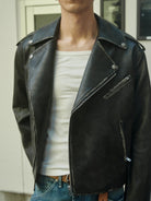 Retro 21 Distressed Faux Leather Biker Jacket in Black - On Male Model