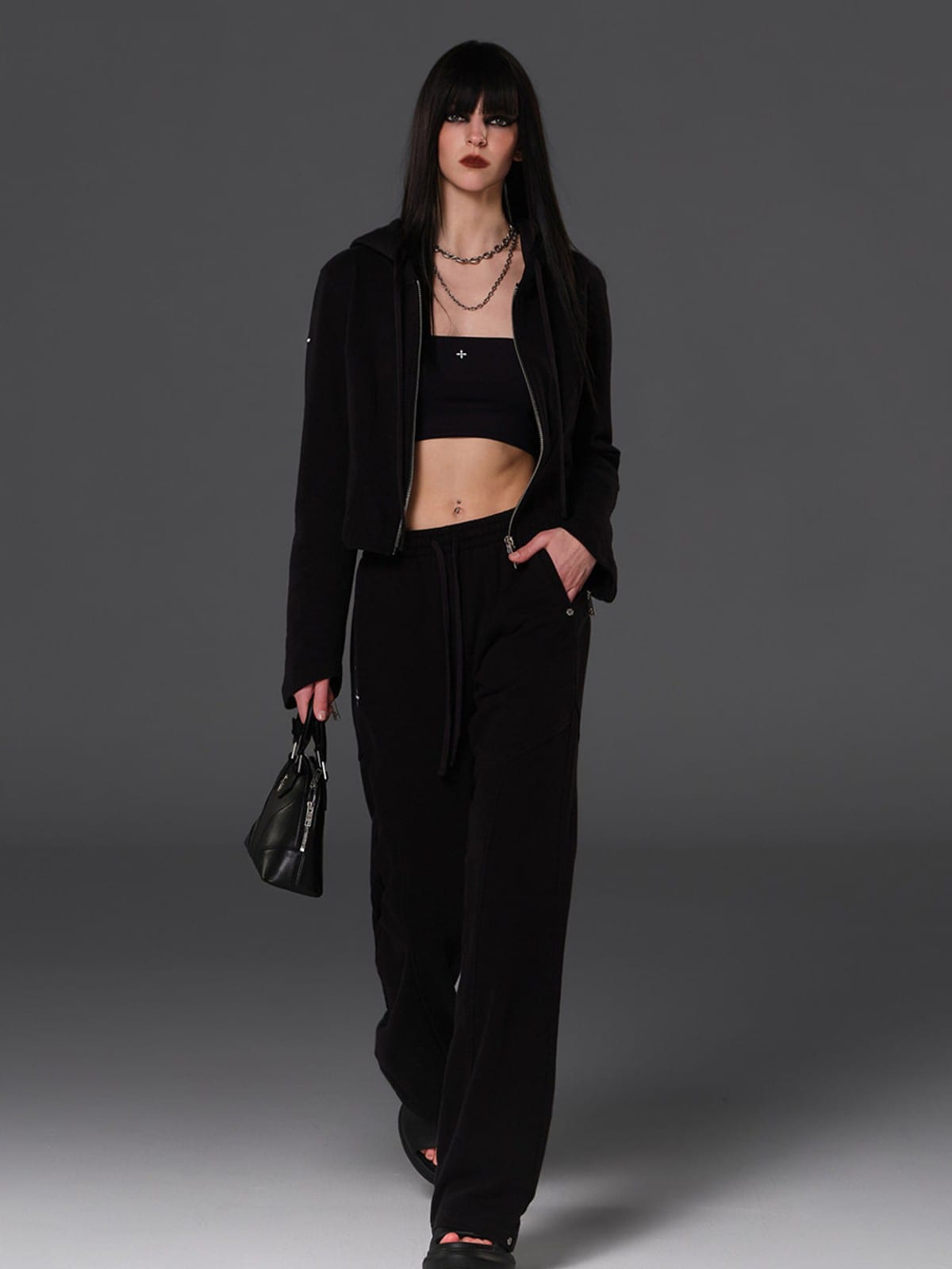 SMFK Cotton Blend Zip Up Hoodie in Black - On Female Model