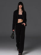 SMFK Cotton Blend Zip Up Hoodie in Black - On Female Model