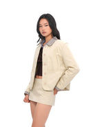 SweetChilling Contrast Collar Cotton Barn Jacket in Beige - On Female Model