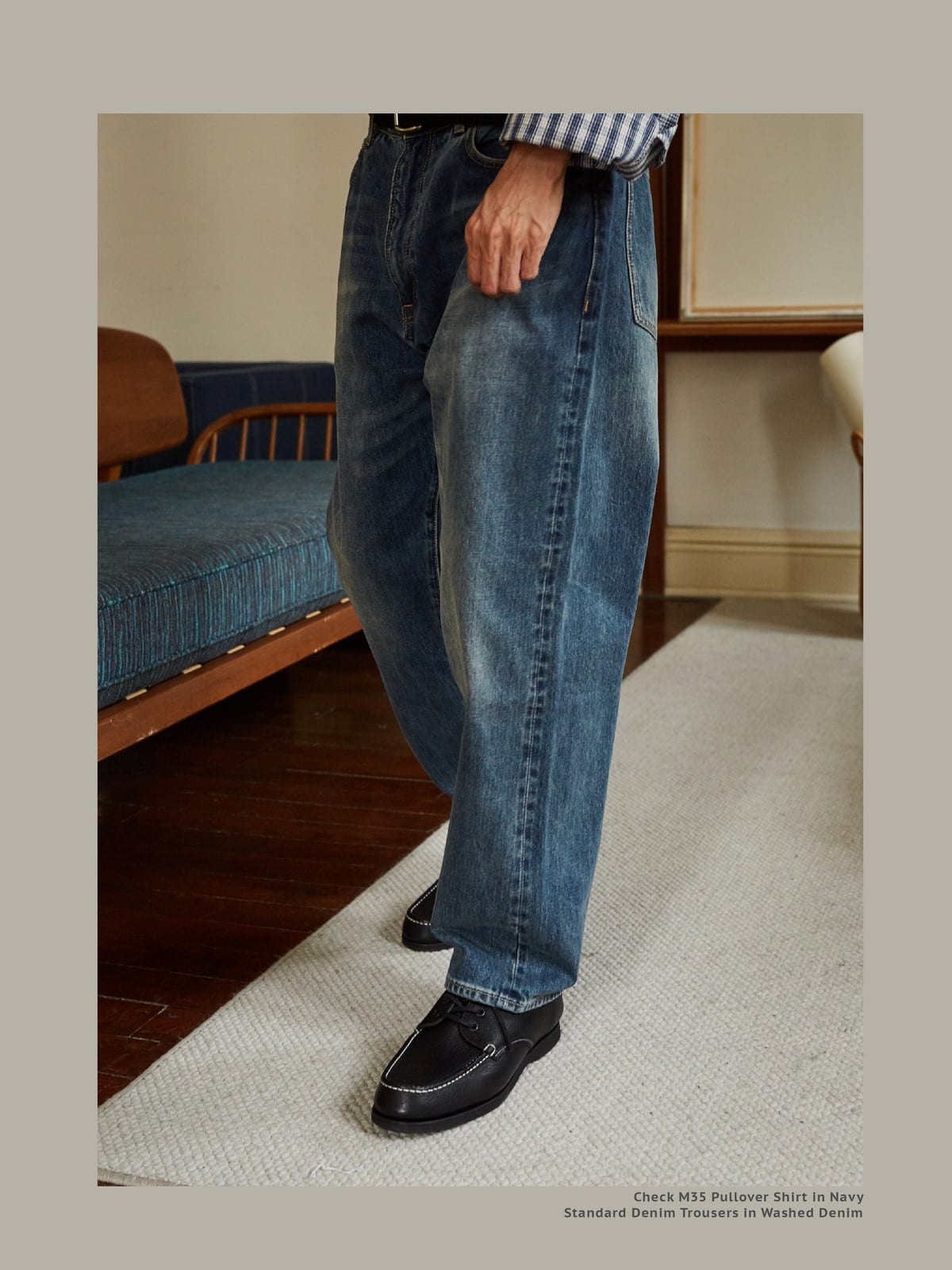 USAGE Heavily Washed Selvedge Denim Jeans in Washed Denim - On Male Model