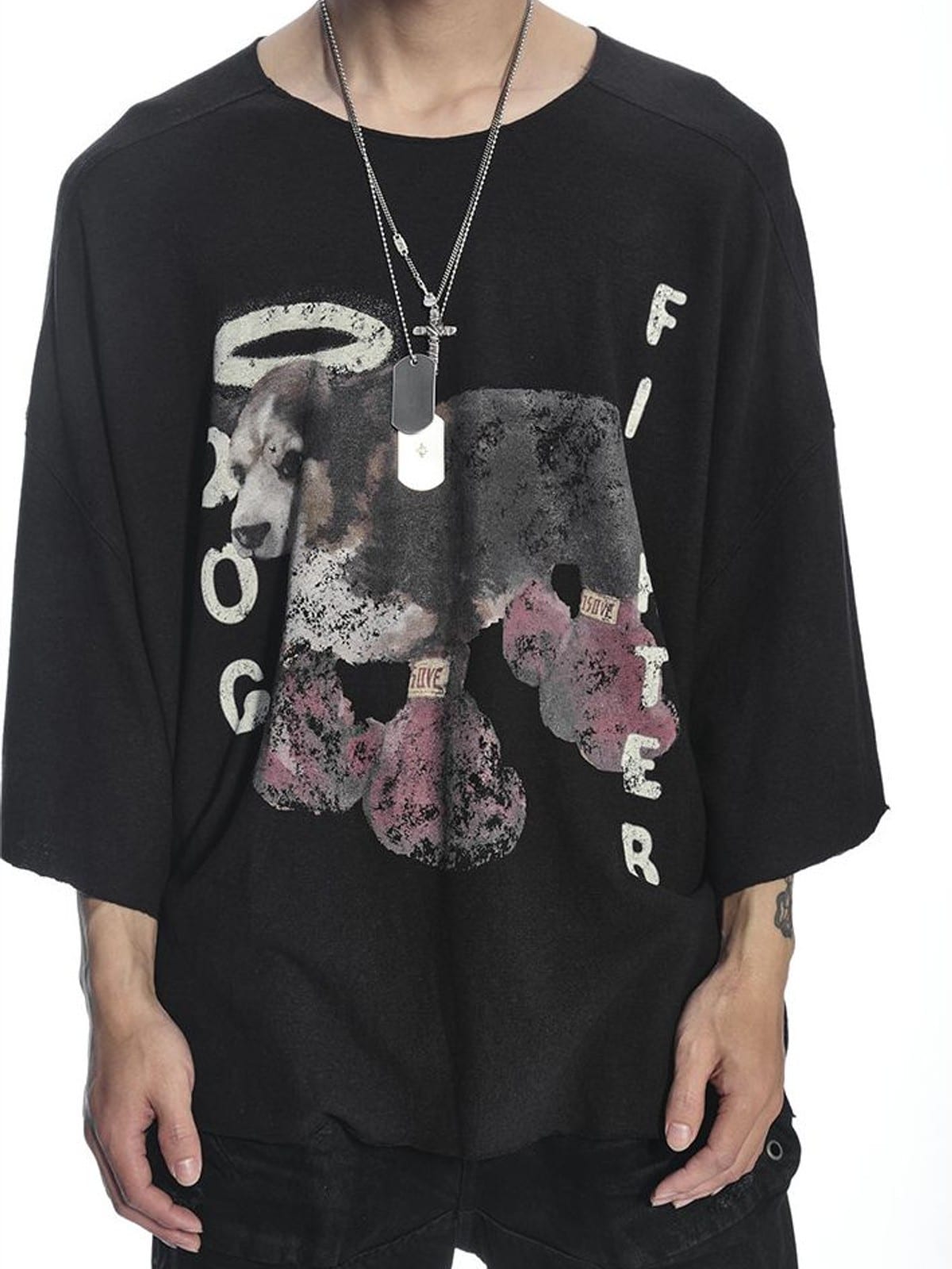D5ove Boxing Dog Graphic Half Sleeve T Shirt in Black - On Male Model