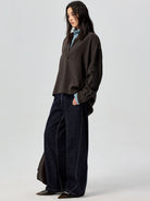 SIMPLE PROJECT Lyocell Ramie Pleated V Neck Shirt in Brown - On Female Model