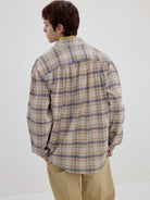 SIMPLE PROJECT Shawl Collar Crinkled Plaid Shirt in Khaki - On Male Model