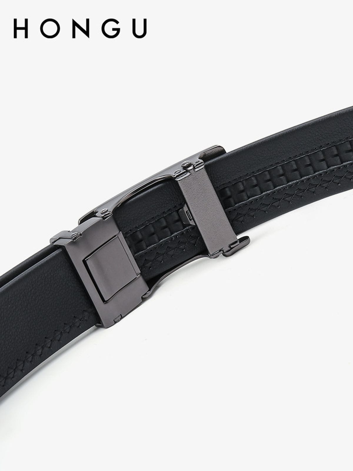 HONGU Cowhide Leather Automatic Buckle Belt in Black - Detail