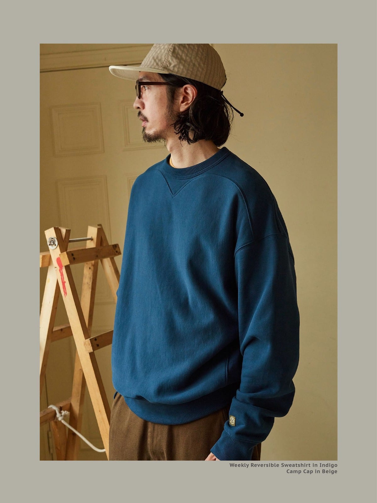 USAGE Reversible Cotton Crewneck Sweatshirt in Blue - On Male Model