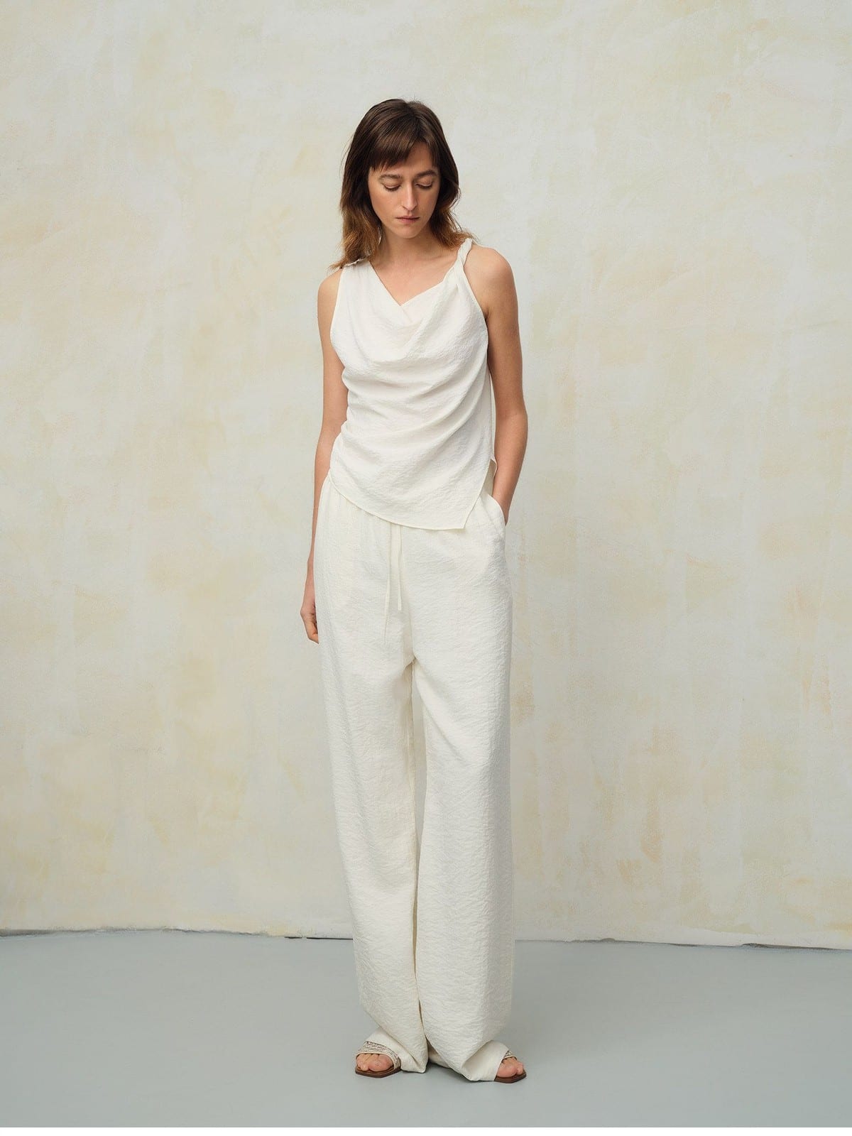 TEASEL Crinkled Silk Blend Shirt Pants Set in Cream - On Female Model