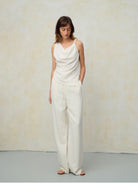 TEASEL Crinkled Silk Blend Shirt Pants Set in Cream - On Female Model