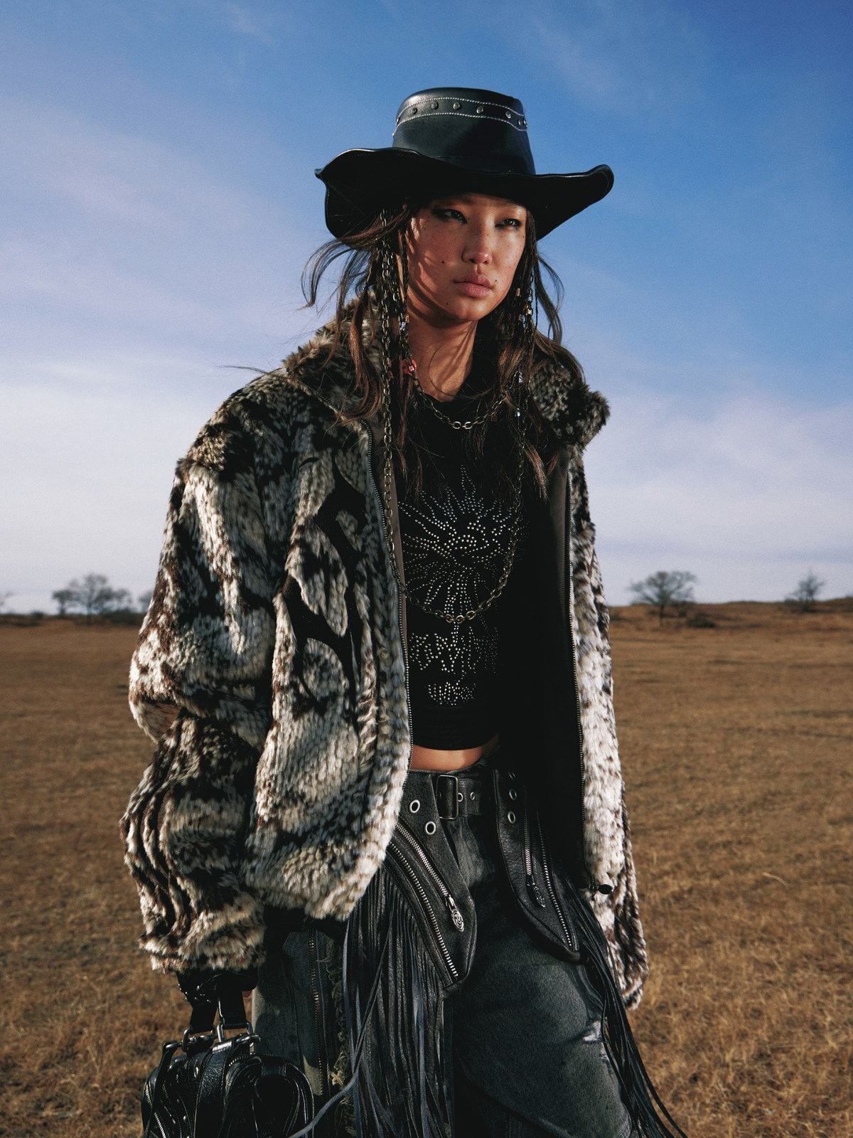 PERSONSOUL Totem Faux Fur Zip Up Jacket in Brown - On Female Model