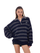 SweetChilling Striped Lambswool Blend Polo Sweater in Navy Blue - On Female Model