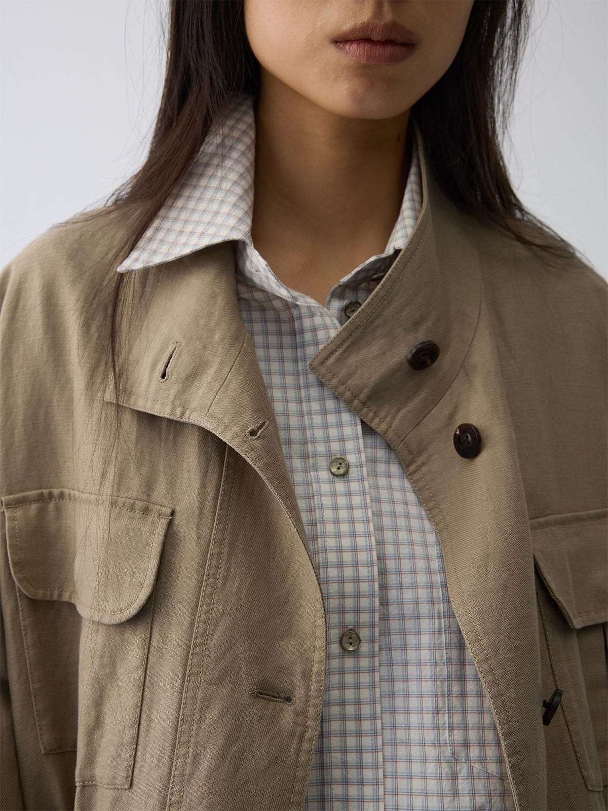Random Piece Linen Blend Multi Pocket Cargo Jacket in Beige - On Female Model