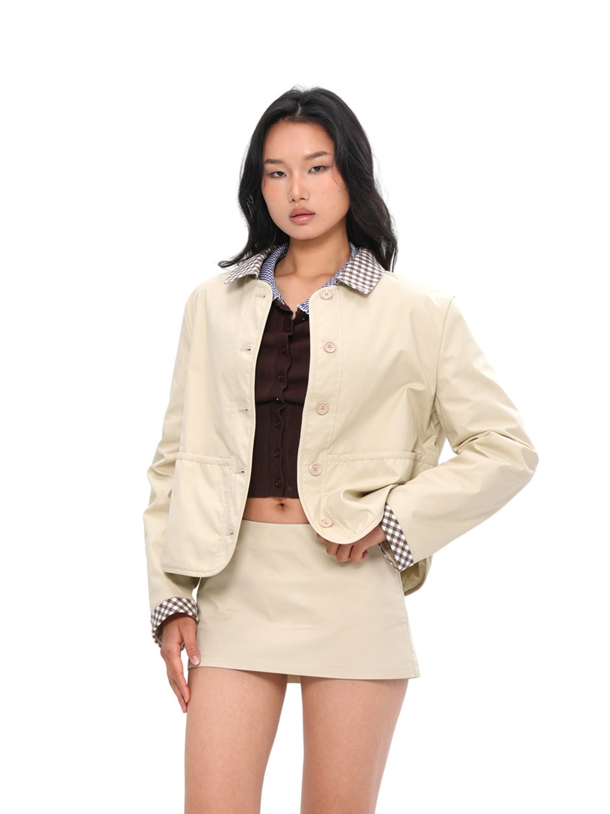 SweetChilling Contrast Collar Cotton Barn Jacket in Beige - On Female Model