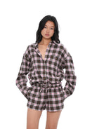 SweetChilling Cotton Plaid Drawstring Shorts in Pink - On Female Model