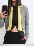RARELY ALIKE Wool Color Block Layered Cardigan in Gray - On Female Model
