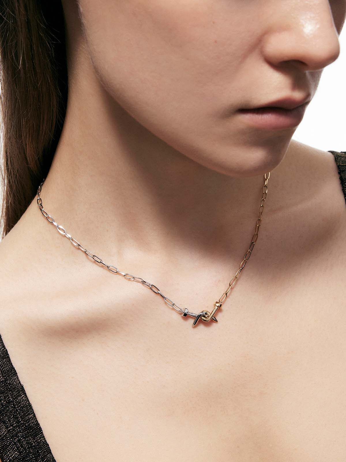 BLACKHEAD Two Tone Twisted Nail Steel Necklace in Gold - On Female Model