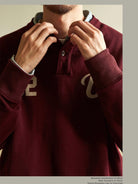 USAGE Terry Cotton Henley Sweatshirt in Burgundy - On Male Model
