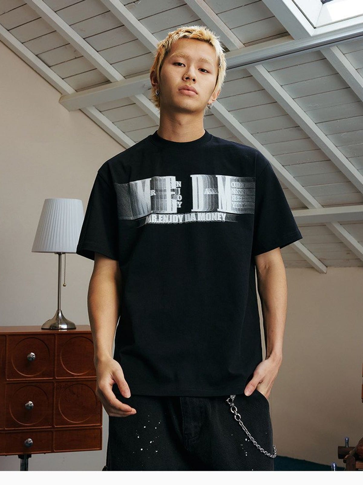 MEDM Glitch Logo Graphic Cotton T Shirt in Black - On Male Model