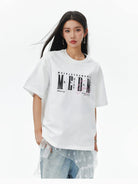 MEDM Vintage Logo Typography Cotton T Shirt in White - On Female Model
