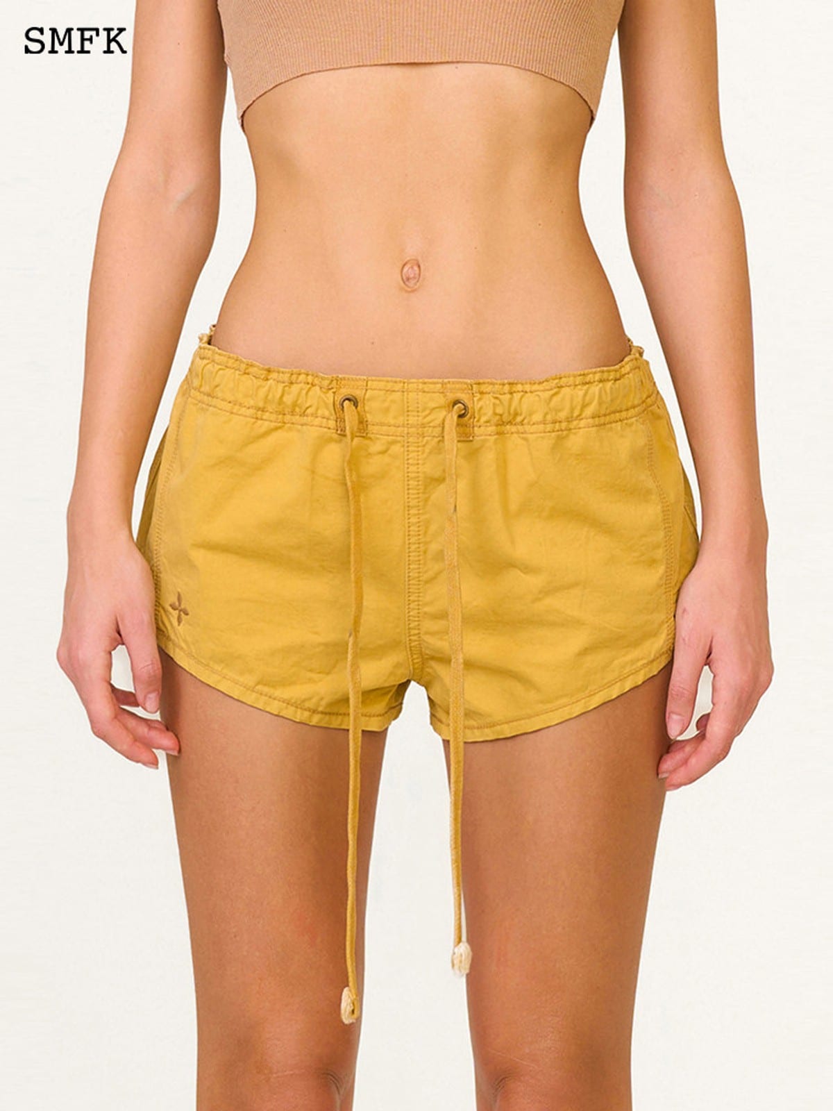 SMFK Low Rise Drawstring Cotton Shorts in Wheat - On Female Model